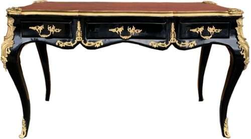 Casa Padrino Luxus Barock Schreibtisch mit 3 Schubladen und massiven Metallapplikation Schwarz / Gold / Bordeaux 141 cm - Barock Sekret�r