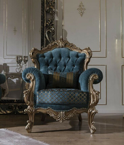 Casa Padrino Luxus Barock Sessel Blau / Gold 97 x 90 x H. 115 cm - Wohnzimmer Sessel mit elegantem Muster und dekorativem Kissen - Barock Wohnzimmer M�bel