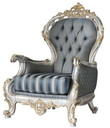 Casa Padrino Luxus Barock Wohnzimmer Sessel mit dekorativem Kissen Grau / Blau / Silber / Gold 82 x 75 x H. 122 cm - Edel & Prunkvoll