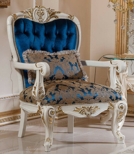 Casa Padrino Luxus Barock Sessel Blau / Braun / Wei� / Gold - Prunkvoller Wohnzimmer Sessel mit elegantem Muster - Barockstil Wohnzimmer M�bel - Luxus M�bel im Barockstil - Barock Einrichtung