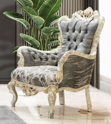 Casa Padrino Luxus Barock Sessel Grau / Antik Wei� / Gold - Prunkvoller Wohnzimmer Sessel mit elegantem Muster - Luxus Wohnzimmer M�bel im Barockstil - Barock M�bel - Barock Einrichtung