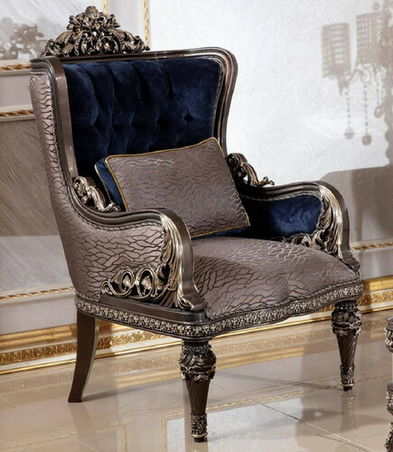 Casa Padrino Luxus Barock Sessel Royalblau / Grau / Dunkelbraun / Gold - Handgefertigter Barockstil Wohnzimmer Sessel mit elegantem Muster - Barock Wohnzimmer M�bel - Edel & Prunkvoll