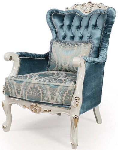 Casa Padrino Luxus Barock Wohnzimmer Sessel mit Kissen Blau / Wei� / Gold 87 x 76 x H. 115 cm - Barock M�bel - Edel & Prunkvoll