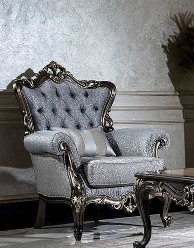 Casa Padrino Luxus Barock Sessel Hellblau / Grau / Dunkelgrau / Gold - Eleganter Wohnzimmer Sessel mit Muster und dekorativem Kissen - Barock Wohnzimmer M�bel