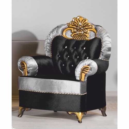 Casa Padrino Luxus Barock Sessel mit Glitzersteinen Schwarz / Silber / Gold - Barockstil M�bel