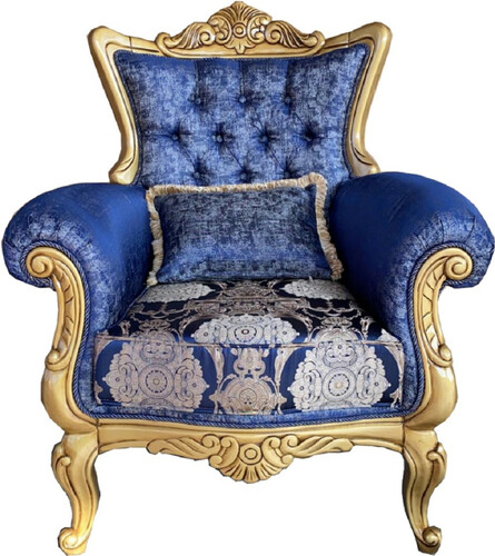 Casa Padrino Luxus Barock Sessel Blau / Creme / Gold - Handgefertigter Wohnzimmer Sessel mit elegantem Muster und dekorativem Kissen - Barock M�bel