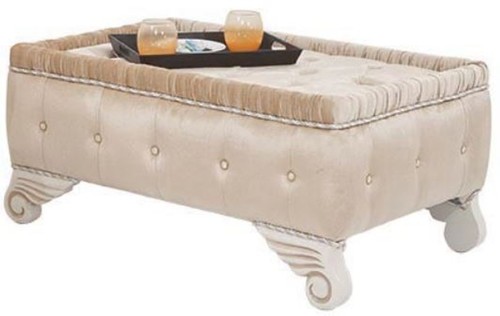 Casa Padrino Luxus Barock Hocker Beige / Wei� 100 x 63 x H. 46 cm - Sitzhocker mit edlem Samtstoff - Wohnzimmer M�bel im Barockstil