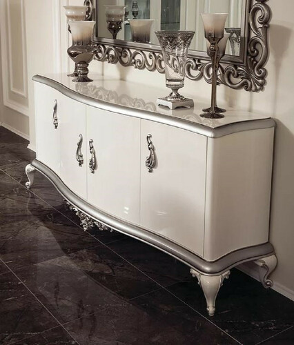 Casa Padrino Luxus Barock Sideboard Wei� / Silber 207 x 54 x H. 90 cm - Edler Massivholz Schrank mit 4 T�ren - M�bel im Barockstil