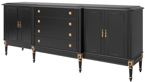 Casa Padrino Luxus Barock Sideboard Schwarz / Antik Gold 235 x 55 x H. 95 cm - Edler Wohnzimmer Schrank mit 4 T�ren und 4 Schubladen - Barock M�bel