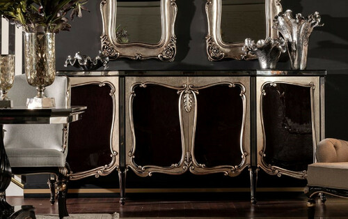 Casa Padrino Luxus Barock Sideboard Schwarz / Silber - Eleganter Massivholz Schrank mit 4 T�ren - Barock M�bel
