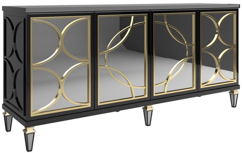 Casa Padrino Luxus Barock Sideboard Schwarz / Gold 220 x 55 x H. 105 cm - Prunkvoller Schrank mit 4 verspiegelten T�ren - Barock M�bel