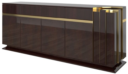 Casa Padrino Designer Sideboard Dunkelbraun Hochglanz / Gold 220 x 50 x H. 85 cm - Edler Schrank mit 4 T�ren und 4 Schubladen - Luxus Wohnzimmer M�bel