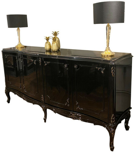 Casa Padrino Luxus Barock Sideboard Schwarz / Antik Gold 226 x 57 x H. 103 cm - Edler Wohnzimmer Schrank mit 4 Tren und Glasplatte - Hochwertige Wohnzimmer Mbel im Barockstil