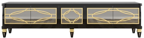 Casa Padrino Luxus Barock TV Schrank Schwarz / Gold 213 x 55 x H. 66 cm - Prunkvoller Fernsehschrank mit 5 verspiegelten T�ren - Barock M�bel