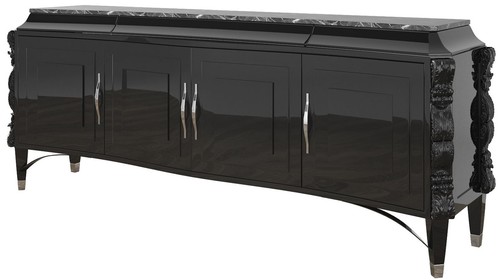 Casa Padrino Luxus Art Deco Sideboard Schwarz / Silber 220 x 50 x H. 90 cm - Edler Wohnzimmer Schrank mit 4 T�ren und Marmorplatte - Art Deco M�bel
