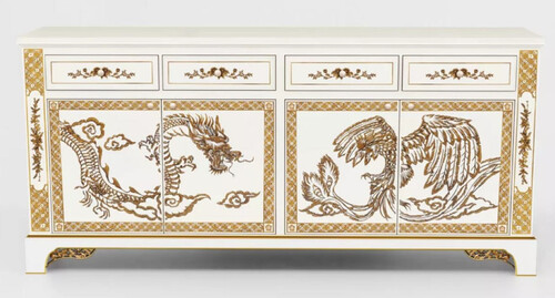 Casa Padrino Luxus Barock Sideboard im chinesischen Stil Wei� / Gold - Barockstil Massivholz Schrank mit 4 Schubladen & 4 T�ren - Luxus Esszimmer M�bel im Barockstil - Barock Esszimmer M�bel
