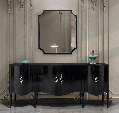 Casa Padrino Luxus Barock Sideboard mit Wandspiegel Schwarz / Silber - Barock M�bel