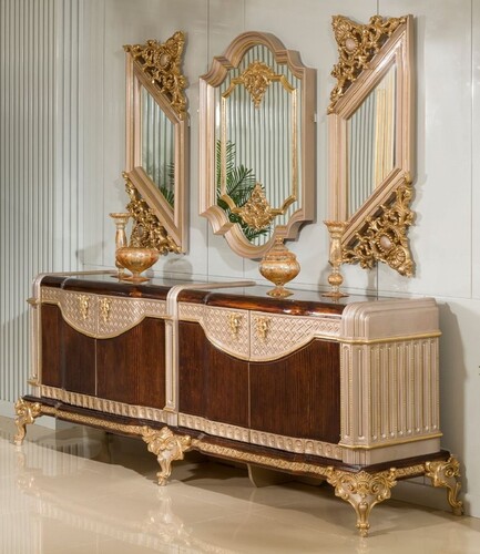 Casa Padrino Luxus Barock Sideboard und 3 Wandspiegel Dunkelbraun / Grau / Gold - Barock M�bel
