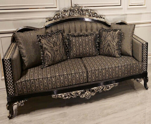 Casa Padrino Luxus Barock Sofa Grau / Schwarz / Gold - Prunkvolles Wohnzimmer Sofa mit elegantem Muster - Barock M�bel - Edel & Prunkvoll