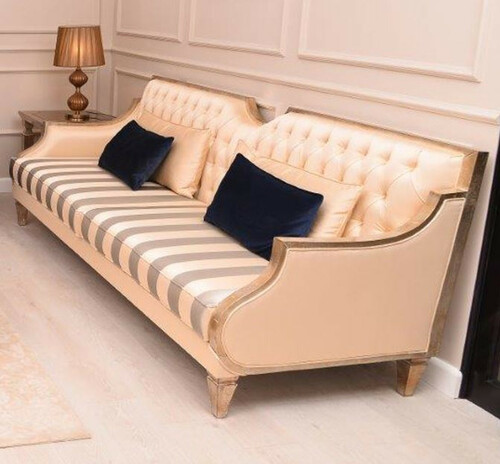 Casa Padrino Luxus Barock Sofa Beige / Silber / Gold - Handgefertigtes Wohnzimmer Sofa mit Streifen - Barock Wohnzimmer M�bel - Edel & Prunkvoll