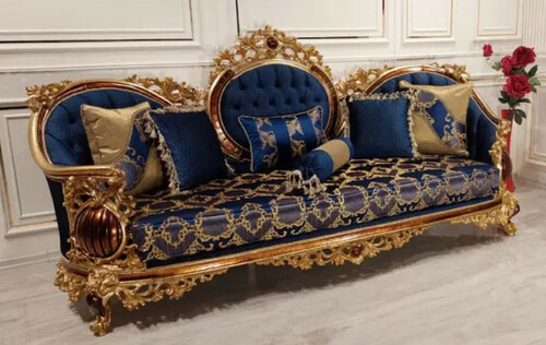 Casa Padrino Luxus Barock Sofa Blau / Gold / Braun - Prunkvolles Wohnzimmer Sofa mit elegantem Muster - Barock Wohnzimmer M�bel