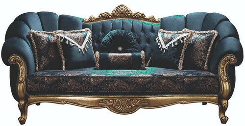 Casa Padrino Luxus Barock Sofa Blau / Gold 220 x 90 x H. 110 cm - Prunkvolles Wohnzimmer Sofa mit Glitzersteinen und dekorativen Kissen