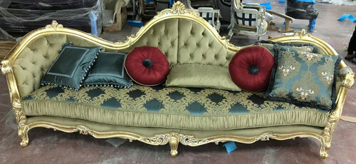 Casa Padrino Luxus Barock Sofa Gr�n / Gold 300 x 90 x H. 119 cm - Prunkvolles Wohnzimmer Sofa mit elegantem Muster - Barock M�bel