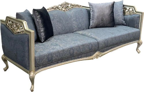 Casa Padrino Luxus Barock Sofa Blau / Silber / Gold - Prunkvolles Wohnzimmer Sofa - Barockstil Wohnzimmer M�bel - Barock Einrichtung - Luxus M�bel im Barockstil - Edel & Prunkvoll