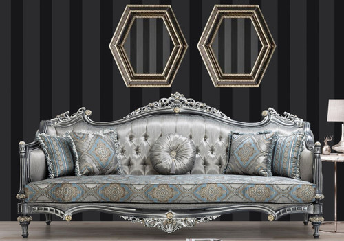 Casa Padrino Luxus Barock Sofa Silber / Trkis / Gold 248 x 96 x H. 118 cm - Prunkvolles Massivholz Wohnzimmer Sofa mit elegantem Muster und dekorativen Kissen - Barock Wohnzimmer Mbel