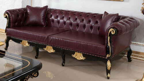 Casa Padrino Luxus Barock Chesterfield Sofa Bordeauxrot / Schwarz / Gold - Prunkvolles Wohnzimmer Sofa mit edlem Kunstleder - Barock Chesterfield Wohnzimmer M�bel