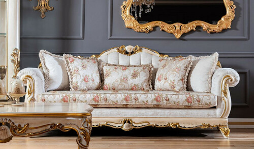 Casa Padrino Luxus Barock Sofa Wei� / Beige / Gold - Prunkvolles Wohnzimmer Sofa mit Blumenmuster - Barock Wohnzimmer M�bel