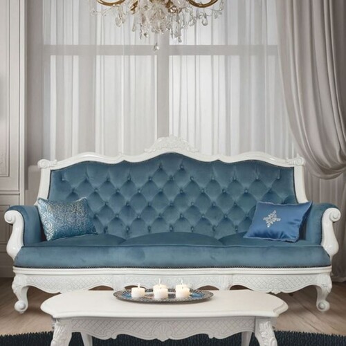 Casa Padrino Luxus Barock Samt Sofa Blau / Wei� 210 cm - Barockstil Wohnzimmer M�bel