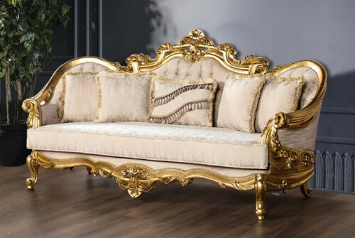 Casa Padrino Luxus Barock Sofa Cremefarben / Gold - Prunkvolles Wohnzimmer Sofa mit Muster - Barock Wohnzimmer M�bel - Edel & Prunkvoll