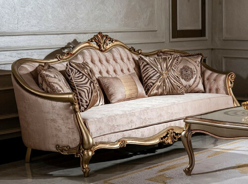 Casa Padrino Luxus Barock Sofa Rosa / Gold - Handgefertigtes Wohnzimmer Sofa mit dekorativen Kissen - Wohnzimmer M�bel - Barock M�bel
