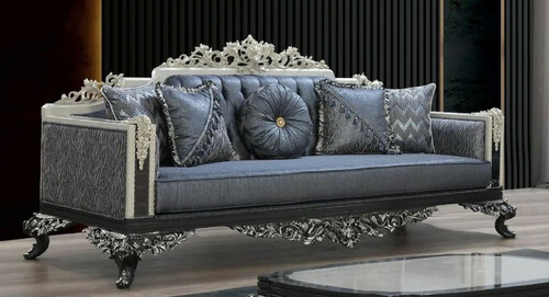 Casa Padrino Luxus Barock Sofa Blau / Grau / Wei� / Schwarz / Silber - Prunkvolles Wohnzimmer Sofa mit elegantem Muster - Barock Wohnzimmer & Hotel M�bel - Edel & Prunkvoll