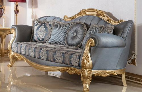 Casa Padrino Luxus Barock Sofa Blau / Gold - Handgefertigtes Barockstil Wohnzimmer Sofa mit elegantem Muster - Barock Wohnzimmer M�bel - Edel & Prunkvoll