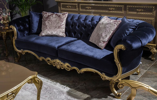 Casa Padrino Luxus Barock Samt Sofa Royalblau / Gold 240 x 82 x H. 83 cm - Prunkvolles Wohnzimmer Sofa mit dekorativen Kissen - Wohnzimmer M�bel im Barockstil