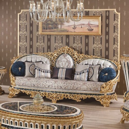 Casa Padrino Luxus Barock Sofa Grau / Gold / Blau 290 cm - Prunkvolles Barock Wohnzimmer Sofa - Barock Wohnzimmer M�bel