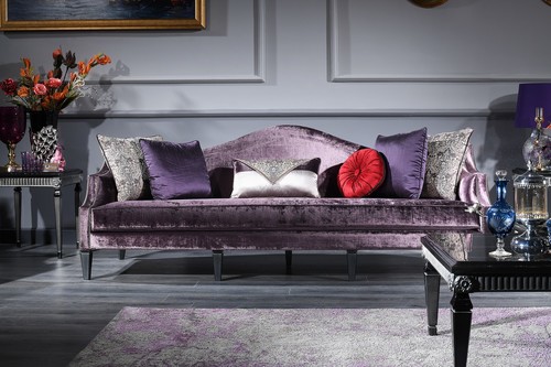 Casa Padrino Luxus Barock Samtsofa Lila / Schwarz / Silber 245 x 93 x H. 90 cm - Wohnzimmer Sofa - Barock Wohnzimmerm�bel