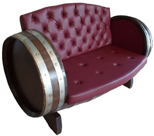 Casa Padrino Luxus Fass Sofa Bordeauxrot / Braun / Silber 160 x 65 x H. 85 cm - Gepolstertes Massivholz Weinfass Sofa - Garten Terrassen Gastronomie M�bel