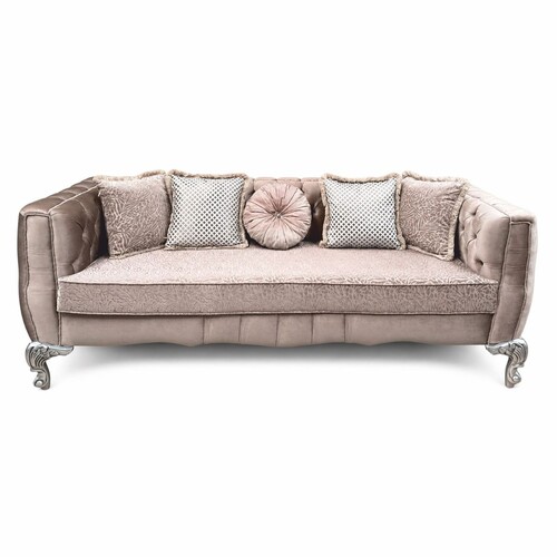 Casa Padrino Luxus Barock Wohnzimmer Sofa Rosa / Silber 235 cm - Prunkvolles Barockstil Sofa mit Kissen - Barock Wohnzimmer M�bel