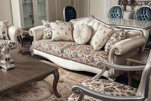 Casa Padrino Luxus Barock Sofa Creme / Beige / Silber 230 x 84 x H. 99 cm - Edles Wohnzimmer Sofa mit Blumenmuster und dekorativen Kissen - Barock Wohnzimmer M�bel