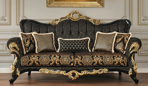 Casa Padrino Luxus Barock Sofa Schwarz / Gold 230 x 80 x H. 126 cm - Prunkvolles Wohnzimmer Sofa mit elegantem Muster und dekorativen Kissen - Barock Wohnzimmer M�bel