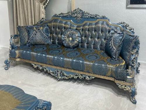 Casa Padrino Luxus Barock Sofa Blau / Gold - Prunkvolles Wohnzimmer Sofa mit elegantem Muster - Barockstil Wohnzimmer M�bel - Luxus M�bel im Barockstil - Edel & Prunkvoll