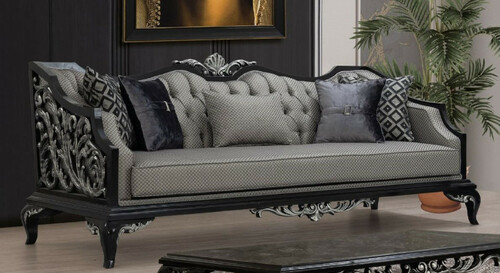 Casa Padrino Luxus Barock Sofa Silber / Schwarz - Wohnzimmer Sofa im Barockstil - Barock Wohnzimmer M�bel - Edel & Prunkvoll