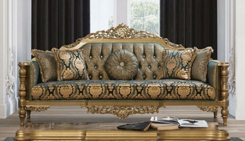 Casa Padrino Luxus Barock Sofa Gr�n / Gold - Prunkvolles Wohnzimmer Sofa mit elegantem Muster und dekorativen Kissen - Barock Wohnzimmer M�bel