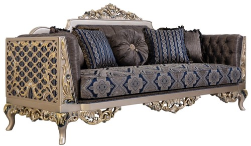 Casa Padrino Luxus Barock Sofa mit dekorativen Kissen Blau / Silber / Gold 226 x 90 x H. 110 cm - Barock Wohnzimmer M�bel