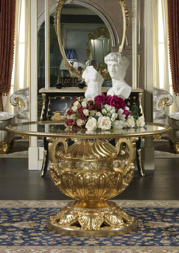 Casa Padrino Luxus Barock Esstisch Gold / Silber  120 x H. 78 cm - Prunkvoller handgeschnitzter Esszimmertisch mit Glasplatte - Hotel Restaurant Schloss M�bel - Luxus Qualit�t - Made in Italy