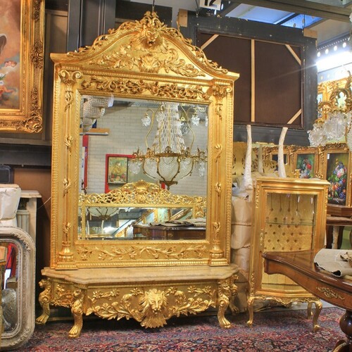 Casa Padrino Luxus Barock Spiegelkonsole Gold 170 x H. 280 cm - mit L�wenkopf - Prunkvoller Konsolentisch mit Wandspiegel - Antik Stil Flur M�bel - Barock M�bel