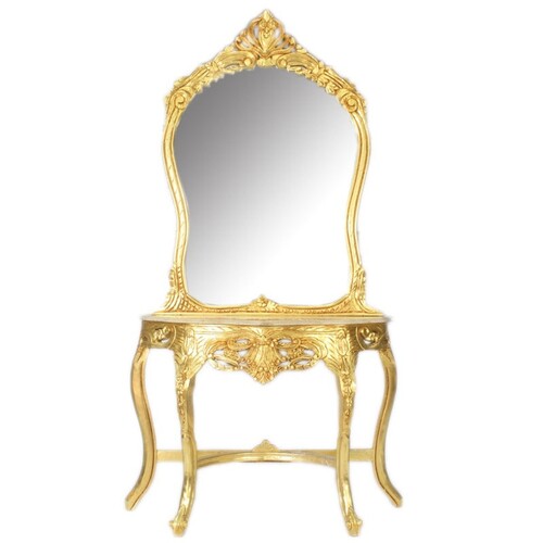 Casa Padrino Luxus Barock Spiegelkonsole Gold 95 x H. 190 cm - mit Muschel Bekr�nung - Prunkvoller Konsolentisch mit Wandspiegel - Antik Stil Flur M�bel - Barock M�bel